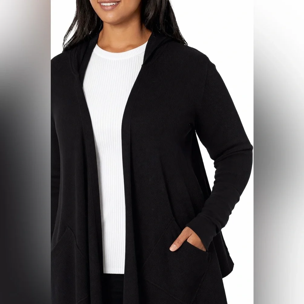 Splendid Thermal Cotton Cardigan Sz XL Waffle Knit Hooded Open Front Waterfall - Picture 3 of 9